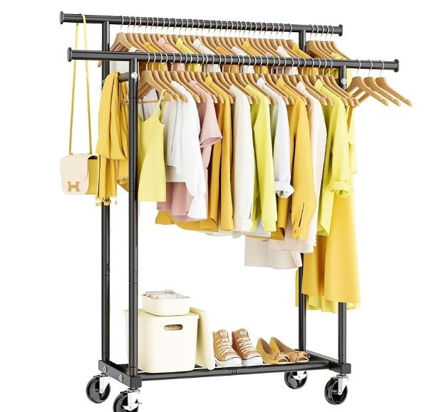 HYSEYY Double Rods Clothes Rack, Rolling Clothing Rack, Black