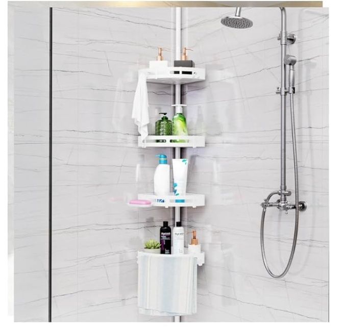 Corner Shower Caddy Tension Pole, Adjustable Baskets 4-Tier, White
