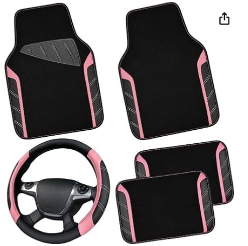 CAR PASS Microfiber Steering Wheel Cover and Waterproof Car Floor Mats Pink