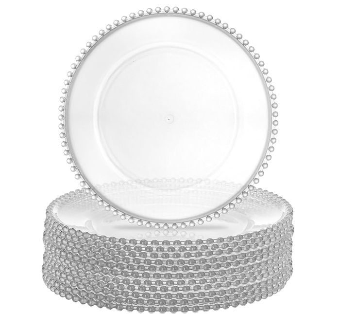 Lawei 8 Pack Round Charger Plates with Bead Rim 13 Inch Plastic Clear
