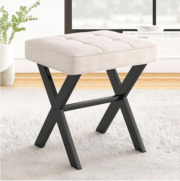 LUE BONA Ottoman Foot Stool Vanity Stool, Square Linen X-Leg Foot Rest Ottoman