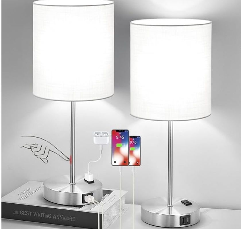 Set of 2 Touch Control Table Lamps with 2 USB Ports &amp; AC Outlet