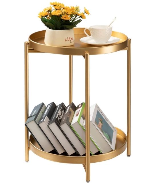 TeoKJ 2 Tier Gold Side Table, Folding Round Metal End Table Small Nightstand