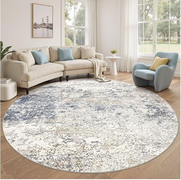 DMOYEST 8ft Round Area Rug Living Room Rugs - 8x8 Washable Large Beige Blue