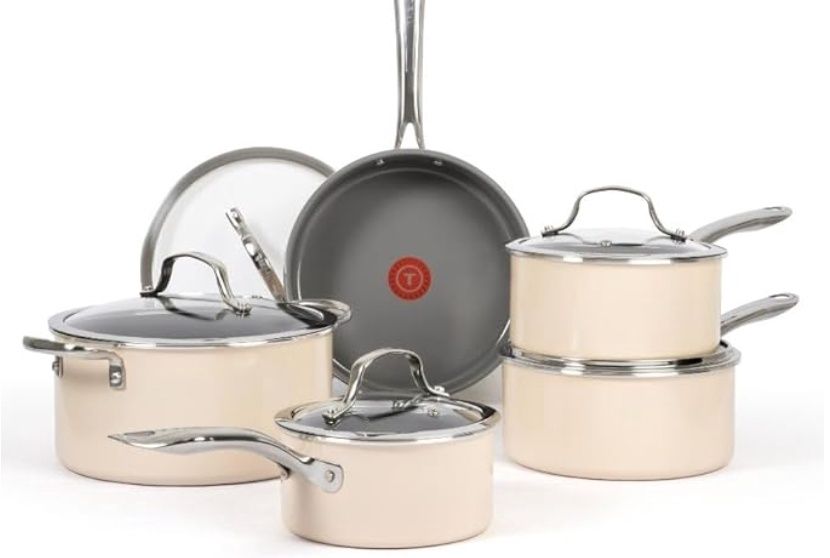 T-FAL Excellence Ceramic, 10 Piece Ceramic Non-Stick Cookware, Blush