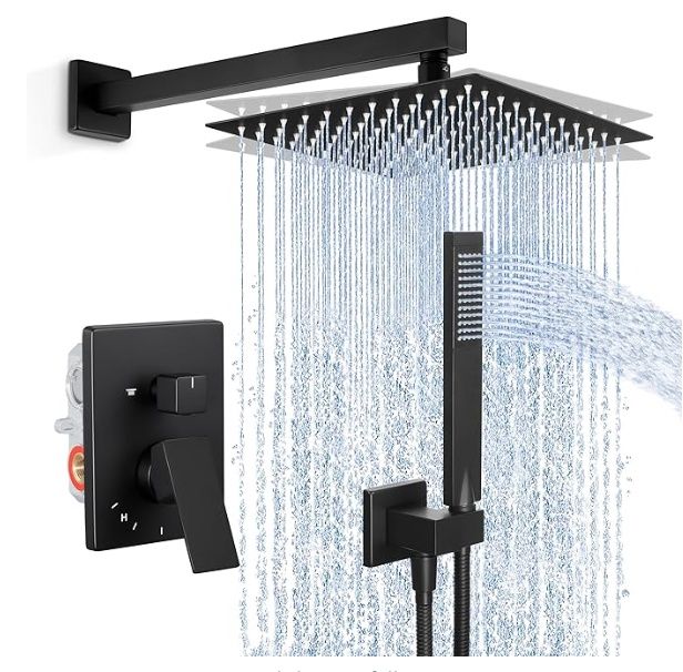 KES Shower Faucet Black Shower Head Shower System 10 Inch Rainfall Showerhead Shower