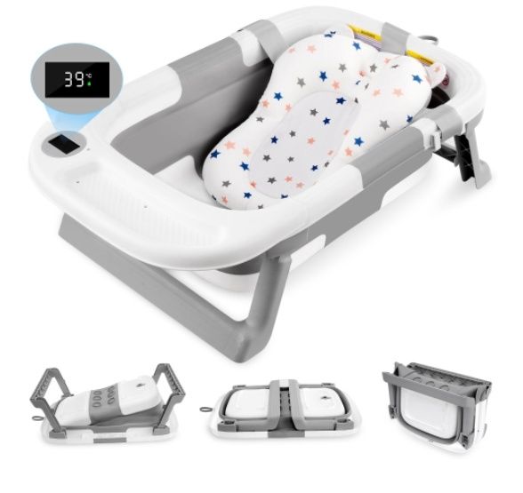 Folding Baby Bath Tub with Soft Support Cushion and Temperature Sensor,