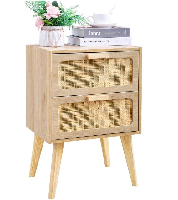 Rattan Nightstand,Boho Bedside with Storage,End Table,Side Table
