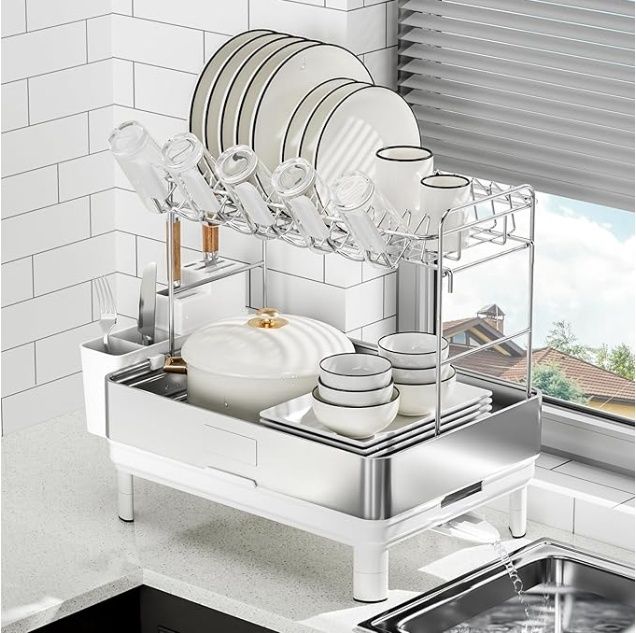 Ewaiira Dish Drying Rack, 2 Tier Large Dish Rack, Stainless Steel Dish Drainer