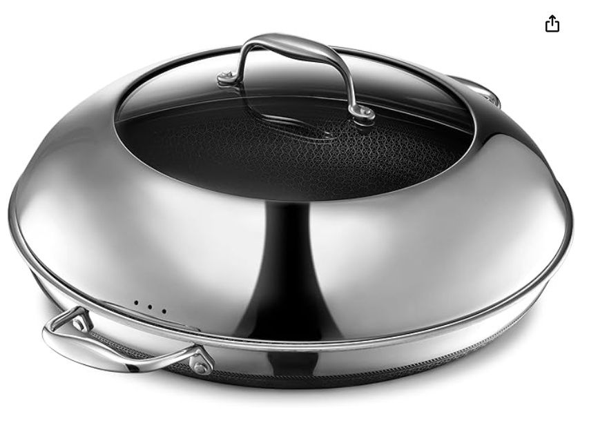 HexClad Hybrid Nonstick 14-Inch Frying Pan with Steel Lid, Dishwasher and Oven Safe