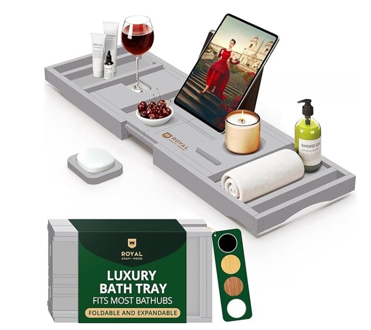 ROYAL CRAFT WOOD Luxury Bamboo Bathtub Caddy Tray with Book and Wine Holder