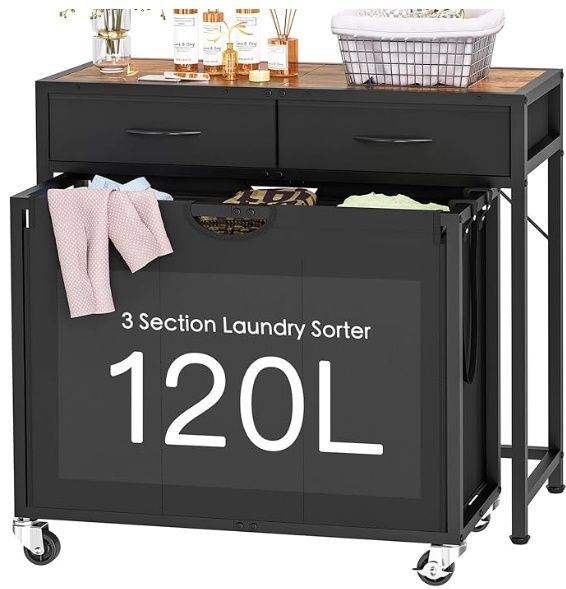 Rolling Laundry Basket with 2 Drawers, Laundry Hamper with 3 Section Pull-Out Bags