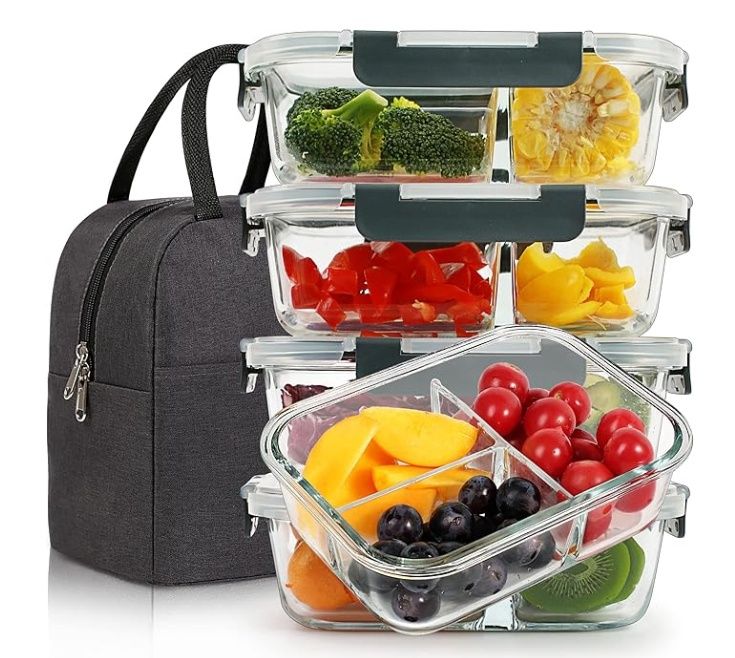 DAS TRUST 5 Pack 36oz Bento Box Glass Meal Prep Containers 3 Compartments Glass Food Storage Containers