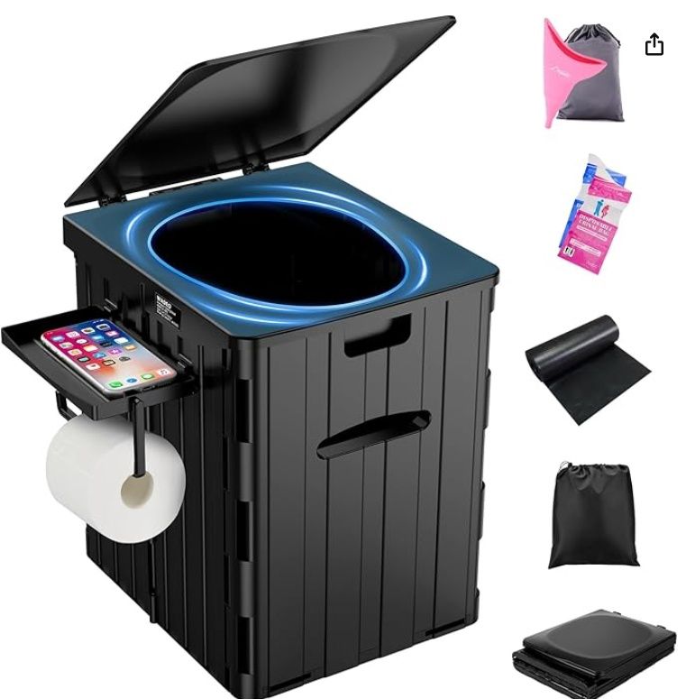 WADEO Portable Camping Toilet with Lid, 39 cm High Mobile Toilet with 12 Pieces