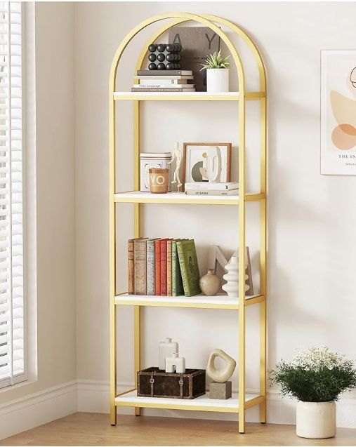 Yusong Bookshelf 4 Tier Arched Bookcase, 71.3&quot; Tall Industrial Open Book Shelves