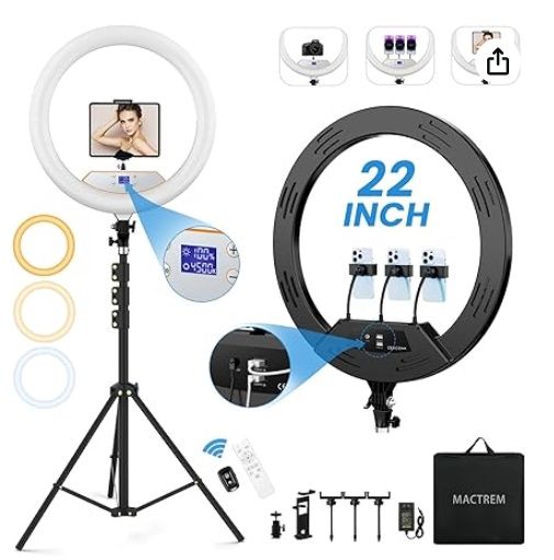 22" Ring Light with 75" Tripod/LED Display/2 USB Ports, 2600K-6500K Dimmable LED Light