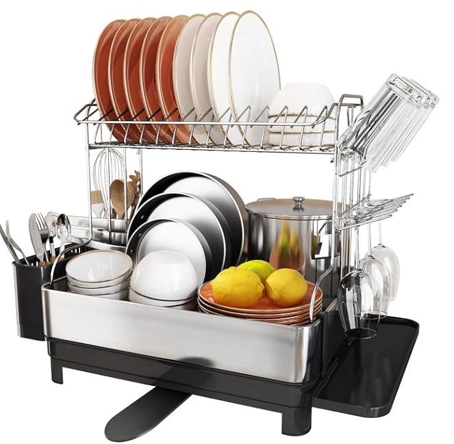Romision 2 Tier Large Stainless Steel Dish Drying Rack with Drain Board