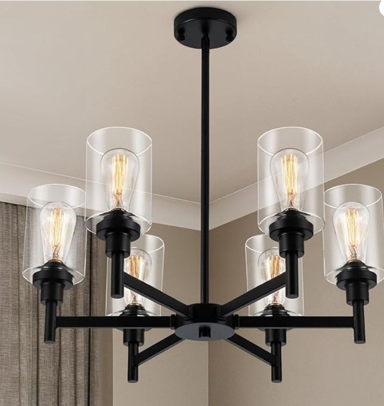 Farmhouse Chandelier with Cylinder Clear Glass 6 Light Vintage Black Bedroom Kitchen Island