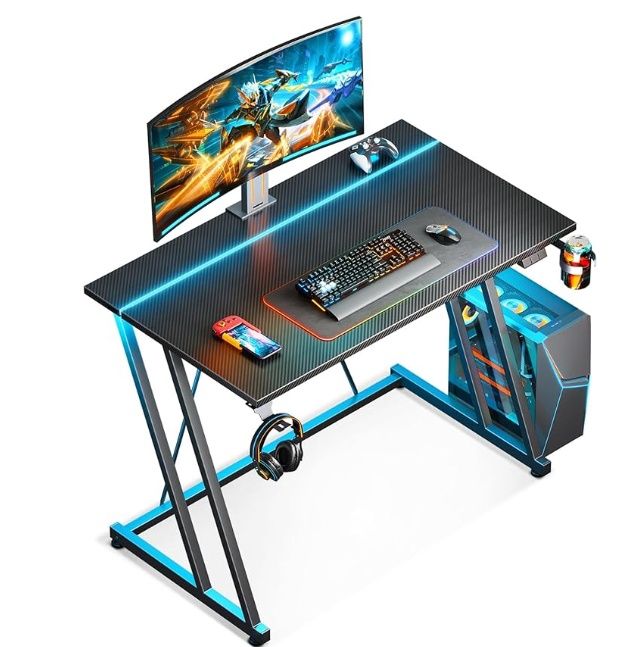 MOTPK 32 Inch Small Gaming Desk with LED Lights &amp; Power Outlet, Computer Desk for Small Space