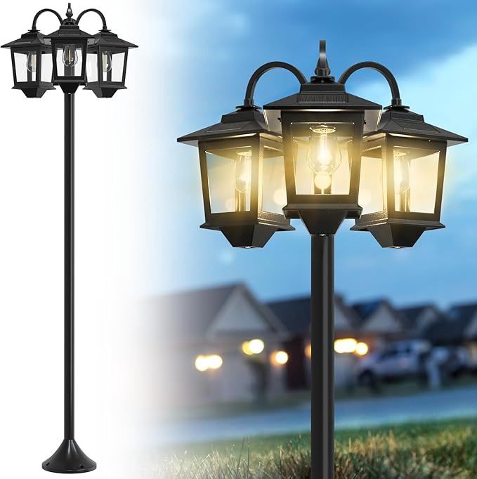 73&quot; Aluminum Solar Lamp Post Light, 3-Head Solar Light Posts for Outside Waterproof