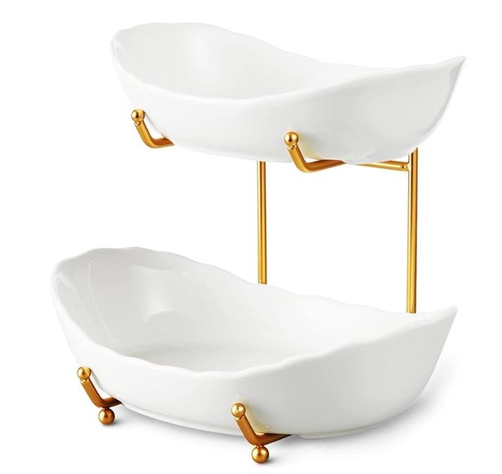 Fruit Bowl for Kitchen Counter - 2 Tier Ceramic Serving Bowls with Metal Stand