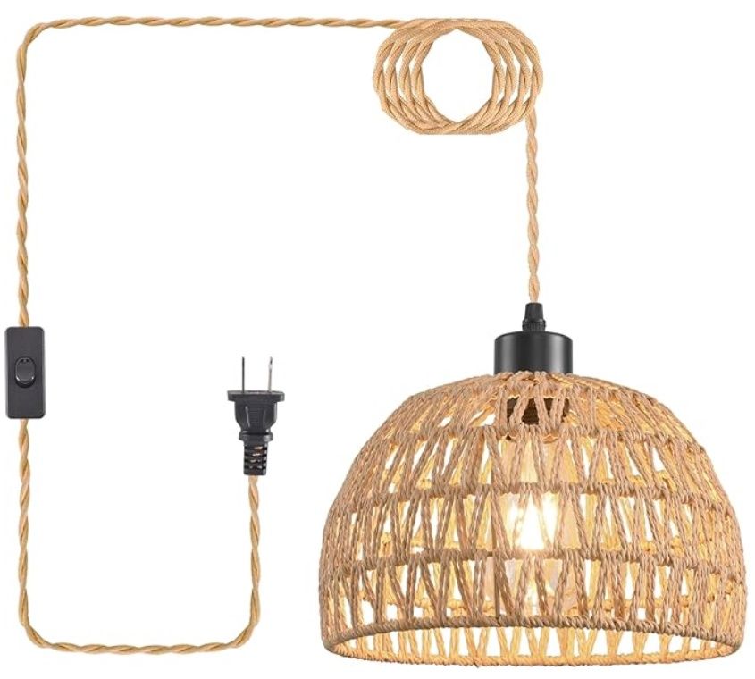 Plug in Pendant Light Rattan Hanging Lamp with Plug in Cord