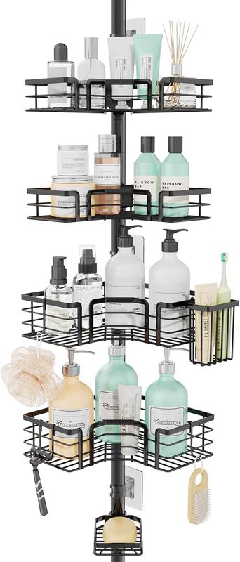Shower Caddy Tension Pole - 4-Tier Corner Shower Organizer Tension Rod