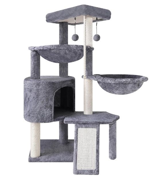 Xin Three Layer Cat Tree with Cat Condo and Two Hammocks,Grey