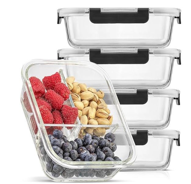 JoyJolt Divided 3 Compartment Glass Meal Prep Bento Box Set. 5