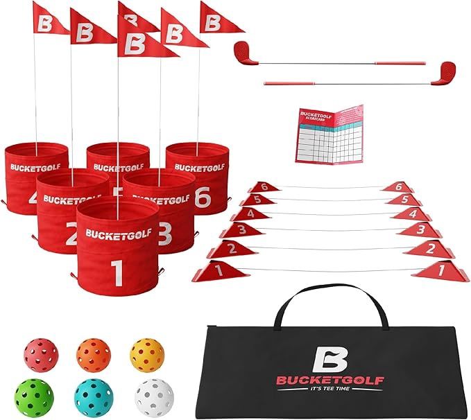 BucketGolf Original Game 6 Hole Travel Set with Clubs - #1 New Backyard Golf Game