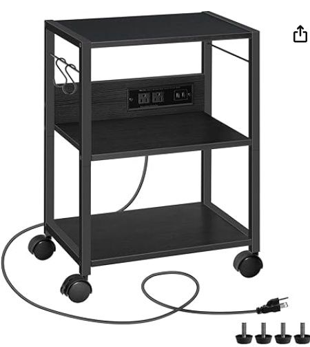 Mobile Printer Cart, 3-Tier Printer Stand with Storage, Printer Table with Power Outlets