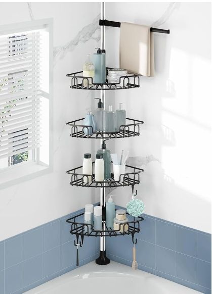 Rustproof Shower Caddy Corner Tension Pole with 4 Tier Metals Baskets Shower Shelves