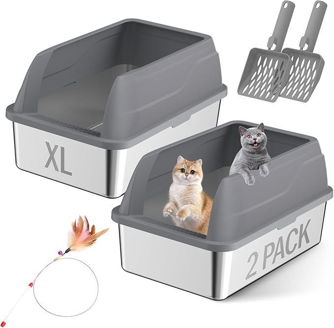2 Pack Stainless Steel Cat Litter Box with Lid Scoop, 60X40X30cm High Sides Enclosed