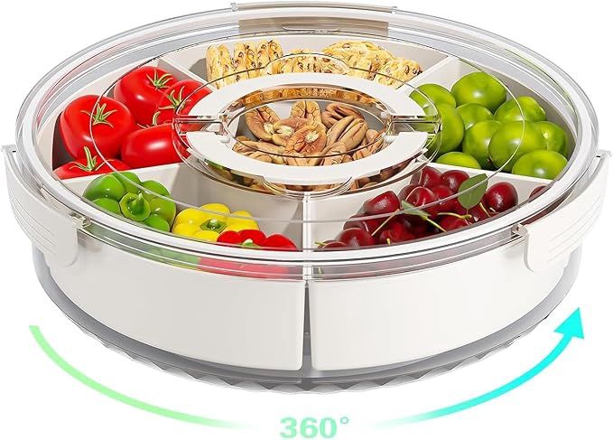 Divided Rotating Snack Storage Box with Lid and Handle, 360° Portable Clear Spinner