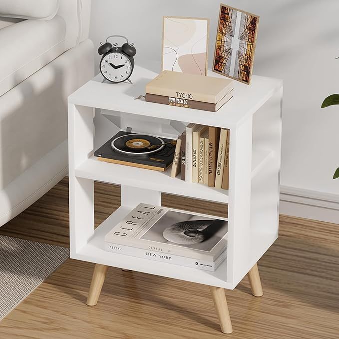 Night Stand, White Kids Nightstand, Modern End Table with Open Storage, 2-Tier
