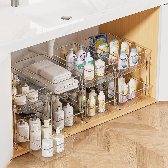 2 Tier Bathroom Storage Organizer, Vtopmart 4 Pack Clear Under Sink Organizers