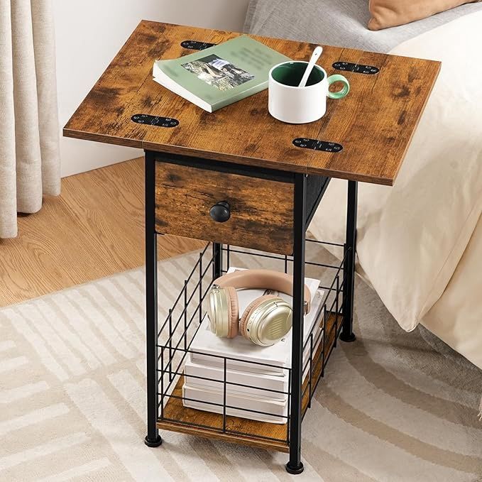 HOOBRO Narrow End Table, Folding-Top Side Table with Drawer and Storage Basket