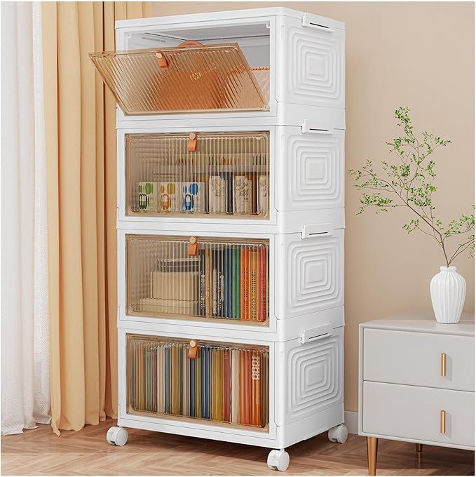 SNSLXH 4 Tier Plastic Storage Bins with Lid 23QT, Stackable Storage Containers with Wheels