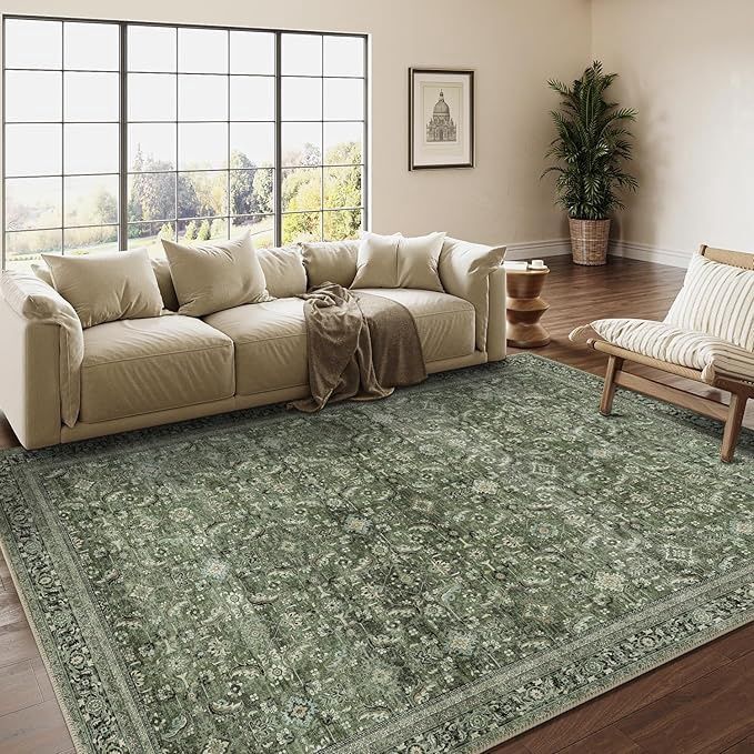 5x7 Washable Area Rug for Living Room Bedroom Dark Green Vintage Carpet Low