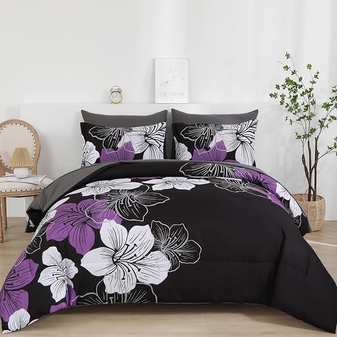 Luxudecor Floral Comforter Set Queen Size, 7 Pieces Bed in a Bag Purple Floral