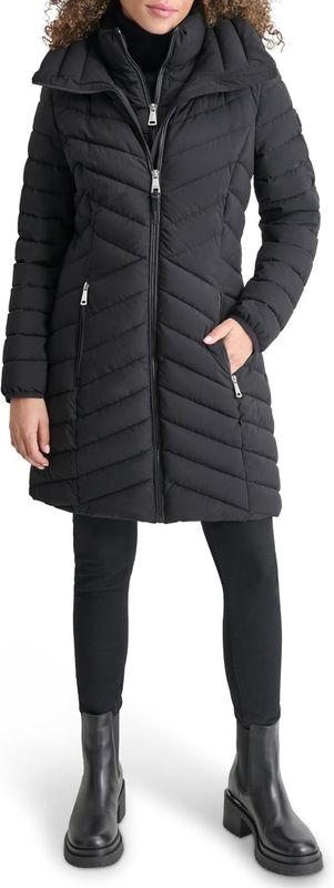 DKNY Womens Bib-front Light-weight PufferHooded Puffer Jacket with hood