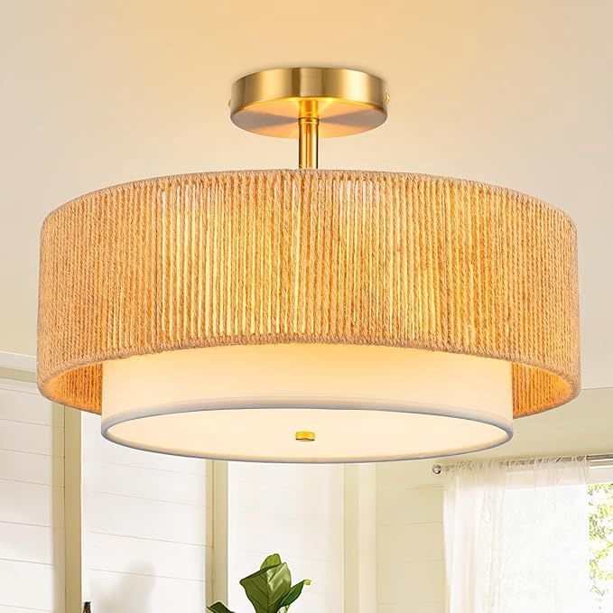 SineRise 16'' Rattan Flush Mount Ceiling Light Fixture,2-Tier Drum Hand-Woven Boho