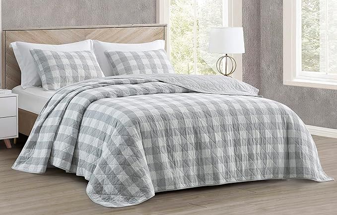 Chezmoi Collection 3-Piece Gray White Plaid Cotton Quilt Set Queen