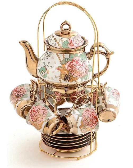 Gold Plated Red Rose Ceramic Tea Set