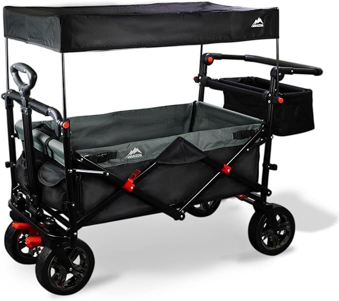 Foldable Wagons with Removable Canopy, Seat Belts, Reversible Handlebar, Removable Canopy