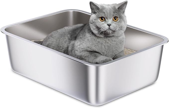 Stainless Steel Litter Box, 18"x14"x6"(Height) Medium Metal Cat Litter Box