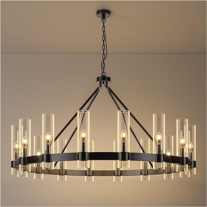 48 Inch Black Wagon Wheel Chandelier with Glass Shade - 16 Lights