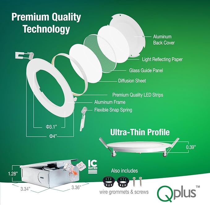 QPLUS 4Inch LED Recessed Slim Pot Light with Junction Box, Ultra Thin LED Downlights