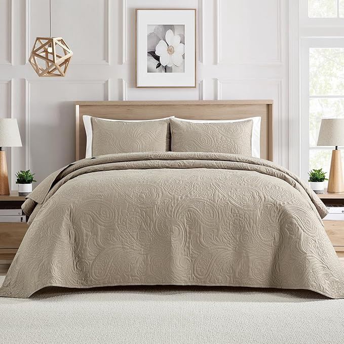 BOURINA Ultrasonic Quilt Set Bedspreads 3-Piece Bedding Set Pre-Washed Microfiber Ultra Soft Queen Beige