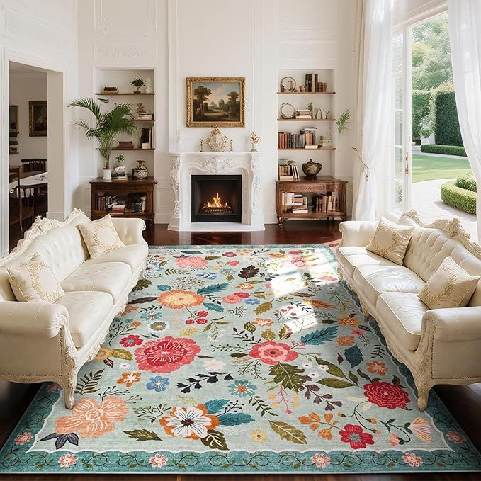 Washable Area Rugs 8x10 for Living Room, Large Vintage Boho Floral Rug